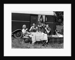 1930s Two Couples Eating Picnic Lunch Beside Camping Trailer by Anonymous