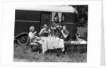 1930s Two Couples Eating Picnic Lunch Beside Camping Trailer by Anonymous