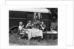 1930s Two Couples Eating Picnic Lunch Beside Camping Trailer by Anonymous