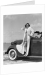 1930s 1940s Woman Wearing Chenille Beach Robe Posing On Running Board Of Convertible Roadster Automobile by Anonymous