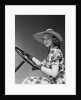 1930s 1940s Woman Wearing Straw Hat Sun Dress Driving Gloves Holding Auto Mobile Steering Wheel Looking At Camera by Anonymous