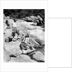 1920s Two Women Sisters On Rocks By Creek Talking Holding Folding Camera by Anonymous