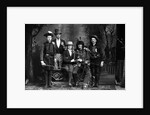 1890s 1900 Portrait Five Men Actors In Various Costumes Against Painted Studio Backdrop by Anonymous