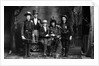 1890s 1900 Portrait Five Men Actors In Various Costumes Against Painted Studio Backdrop by Anonymous