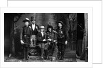 1890s 1900 Portrait Five Men Actors In Various Costumes Against Painted Studio Backdrop by Anonymous