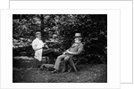1900 Two Men Sitting Outside In Chairs Among Trees Smoking Cigars Talking Dog Laying At Their Feet by Anonymous