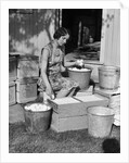 1930s Woman Farm Wife Sitting Outside Of Hen House Doorway Putting Eggs From Pails Into Shipping Crates by Anonymous