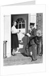 1930s Postman Giving A Letter To A Woman In The Doorway Of A Colonial Brick Home by Anonymous