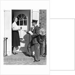 1930s Postman Giving A Letter To A Woman In The Doorway Of A Colonial Brick Home by Anonymous