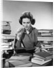 1950s 1960s College Woman Studying Surrounded All Around By Piles Of Books by Anonymous