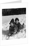 1930 1930s Boy And Girl Laughing Sledding In Snow by Anonymous