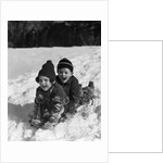 1930 1930s Boy And Girl Laughing Sledding In Snow by Anonymous