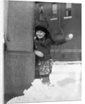 1930s Boy Peeking Around Side Building Throwing A Snowball Winter by Anonymous