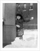 1930s Boy Peeking Around Side Building Throwing A Snowball Winter by Anonymous