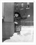 1930s Boy Peeking Around Side Building Throwing A Snowball Winter by Anonymous