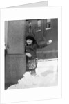 1930s Boy Peeking Around Side Building Throwing A Snowball Winter by Anonymous