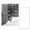1930s Boy Peeking Around Side Building Throwing A Snowball Winter by Anonymous