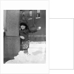 1930s Boy Peeking Around Side Building Throwing A Snowball Winter by Anonymous