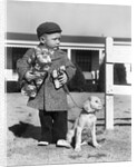 1940s Boy With Puppy On Leash Holding Christmas Present by Anonymous