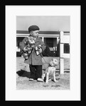 1940s Boy With Puppy On Leash Holding Christmas Present by Anonymous