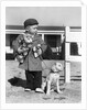 1940s Boy With Puppy On Leash Holding Christmas Present by Anonymous