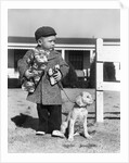 1940s Boy With Puppy On Leash Holding Christmas Present by Anonymous