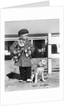 1940s Boy With Puppy On Leash Holding Christmas Present by Anonymous