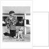 1940s Boy With Puppy On Leash Holding Christmas Present by Anonymous