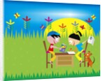 boy and girl writing cards on a desk in a field by Anonymous