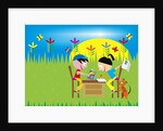 boy and girl writing cards on a desk in a field by Anonymous