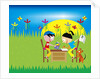 boy and girl writing cards on a desk in a field by Anonymous