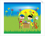 boy and girl writing cards on a desk in a field by Anonymous