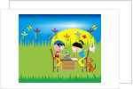 boy and girl writing cards on a desk in a field by Anonymous