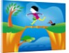 girl crossing a bridge with dog by Anonymous