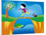girl crossing a bridge with dog by Anonymous