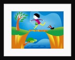girl crossing a bridge with dog by Anonymous