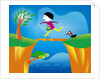girl crossing a bridge with dog by Anonymous