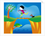 girl crossing a bridge with dog by Anonymous