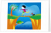girl crossing a bridge with dog by Anonymous