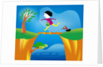 girl crossing a bridge with dog by Anonymous