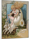 Easter Greeting Postcard with Rabbits Pulling Girl in Egg by Anonymous