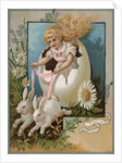 Easter Greeting Postcard with Rabbits Pulling Girl in Egg by Anonymous
