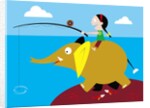 Girl fishing from friendly elephant's back by Anonymous
