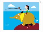 Girl fishing from friendly elephant's back by Anonymous