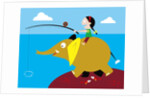 Girl fishing from friendly elephant's back by Anonymous