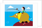 Girl fishing from friendly elephant's back by Anonymous