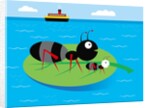 Two ants floating on a leaf in the ocean by Anonymous