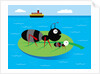 Two ants floating on a leaf in the ocean by Anonymous