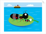 Two ants floating on a leaf in the ocean by Anonymous