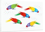 Five parrots pecking birdseed by Anonymous